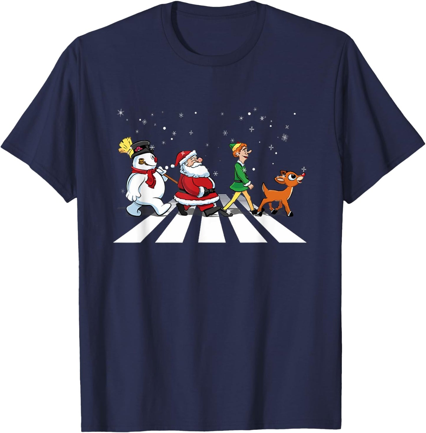 Christmas Road Snowman Santa Elf Reindeer Xmas Crosswalk T-Shirt - T-Shirt | Navy