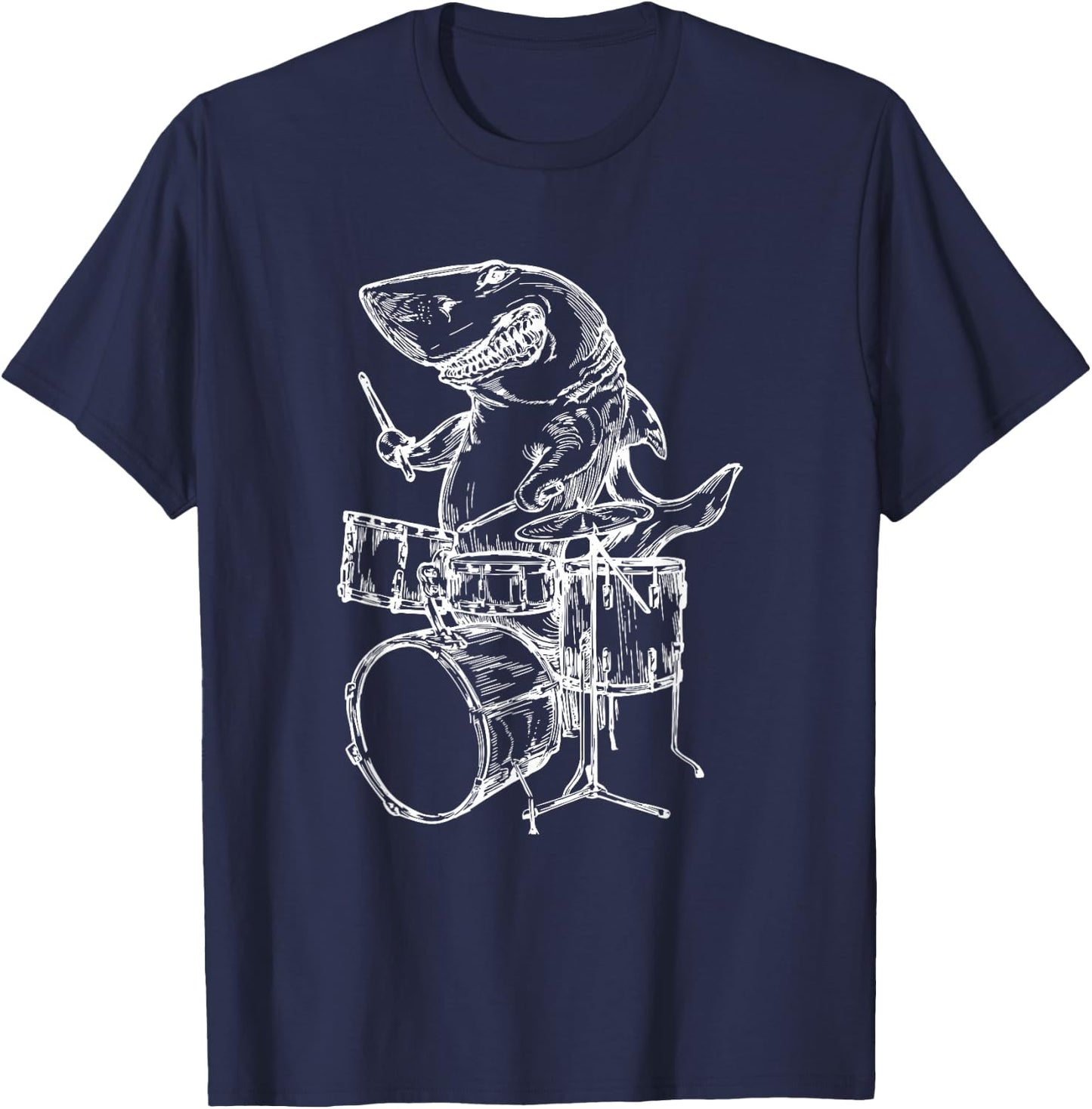 Shark Playing Drums Fish Drummer Funny Beach Rock Musician Men Women Girls Kids T-Shirt - T-Shirt | Navy