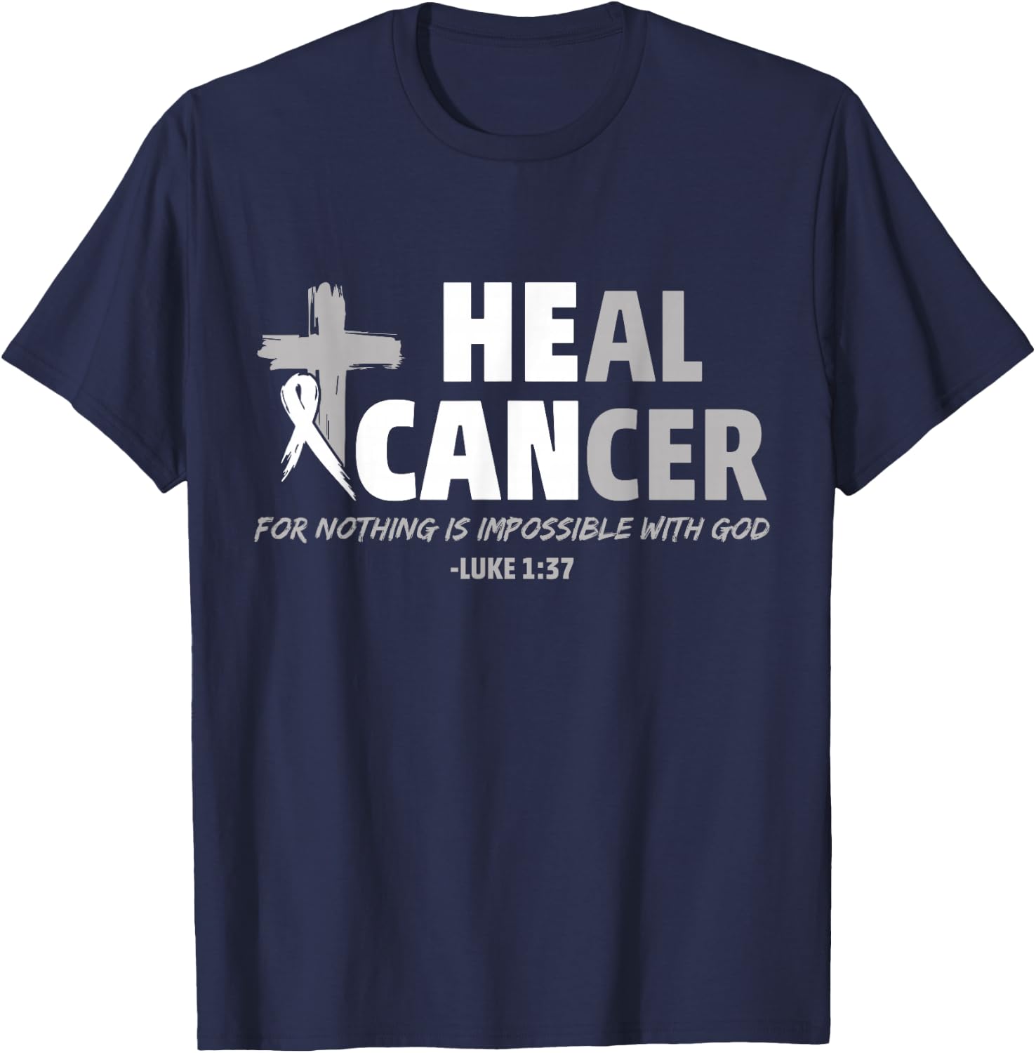 Lung Cancer Awareness White Ribbon Christian Cross T-Shirt - T-Shirt | Navy