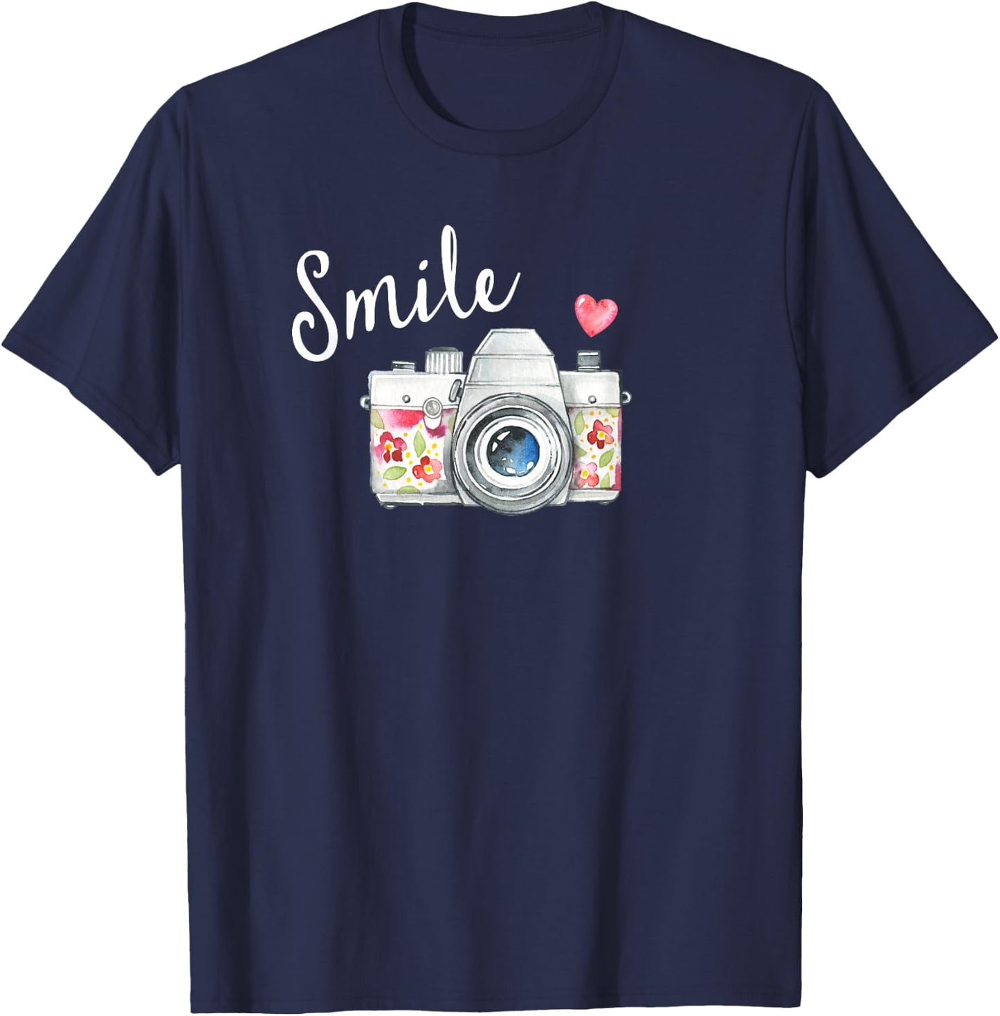 Vintage Camera T Shirt, Smile Quote Flower Design for Girls T-Shirt - T-Shirt | Navy