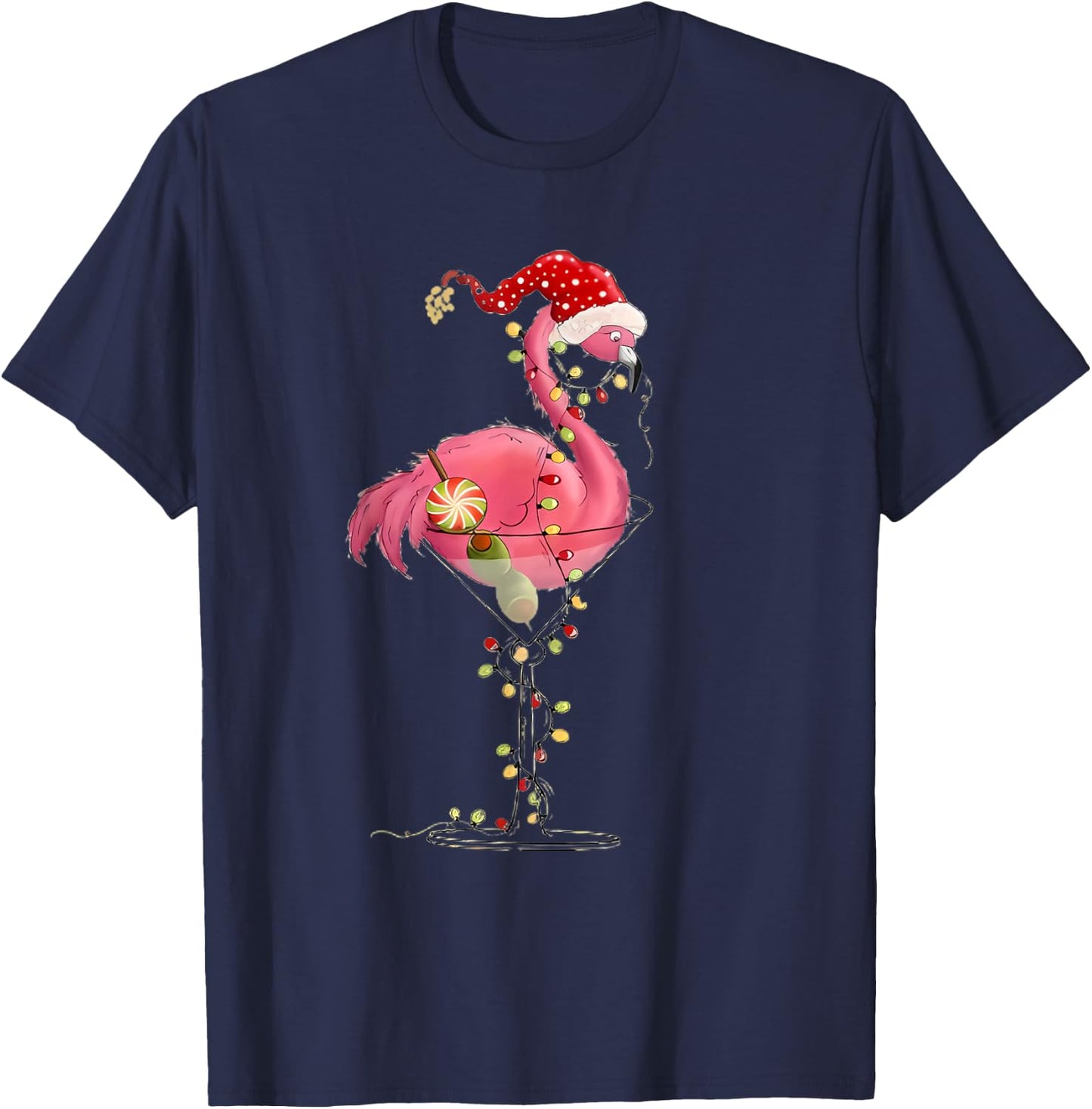 Christmas Flamingo In Martini Glass For Tropical Holiday Fun T-Shirt - T-Shirt | Navy