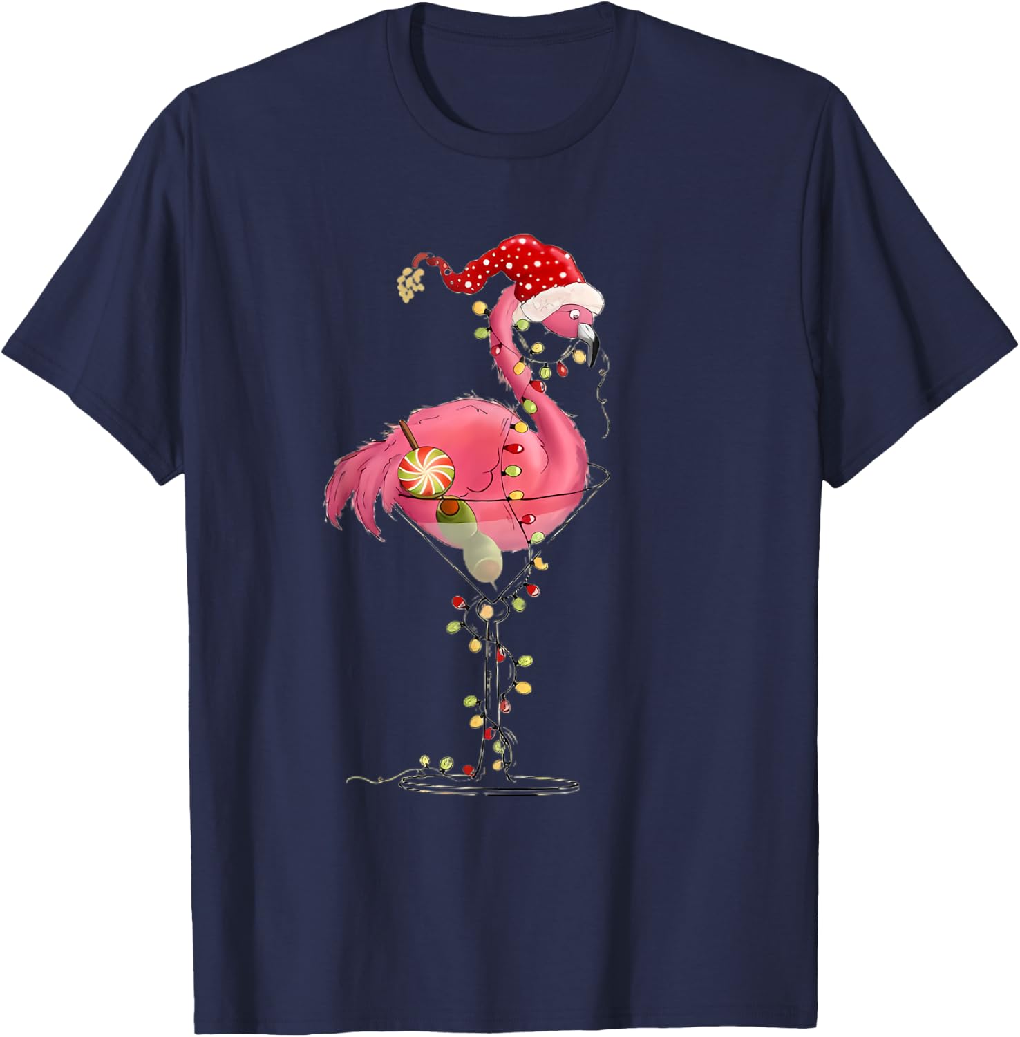 Christmas Flamingo In Martini Glass For Tropical Holiday Fun T-Shirt - T-Shirt | Navy
