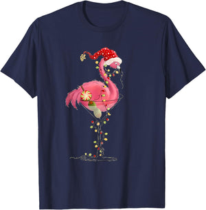Christmas Flamingo In Martini Glass For Tropical Holiday Fun T-Shirt - T-Shirt | Navy