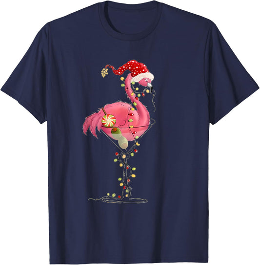 Christmas Flamingo In Martini Glass For Tropical Holiday Fun T-Shirt - T-Shirt | Navy