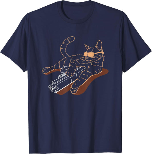 FRESAN - Gun Cat Lover Cool Kitten Weapon - Cat Gun Themed - -Adults - Black - Short Sleeve - Small T-Shirt - T-Shirt | Navy