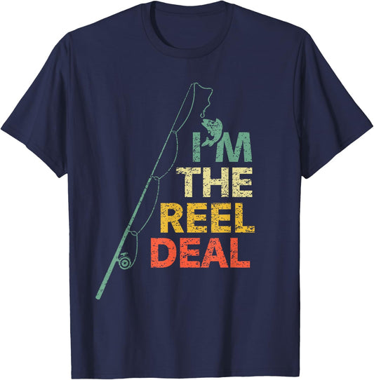 Fun Fishing Shirts "Reel Deal" Cool Dad Gift Fisherman T-Shirt - T-Shirt | Navy