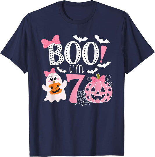 Boo I'm Seven Ghost Seventh 7th Birthday Halloween Girls T-Shirt - T-Shirt | Navy