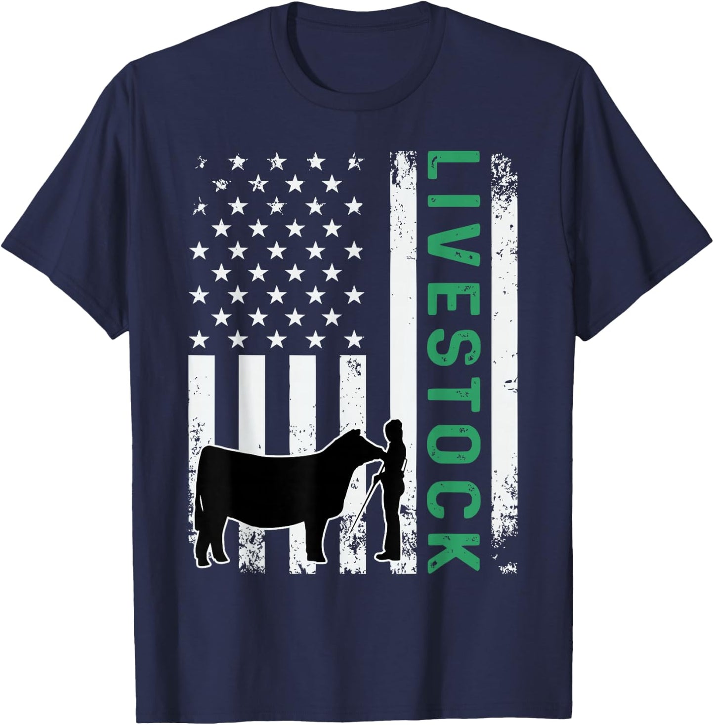 Patriotic Livestock Showmanship Girl and Show Stock Steer T-Shirt - T-Shirt | Navy