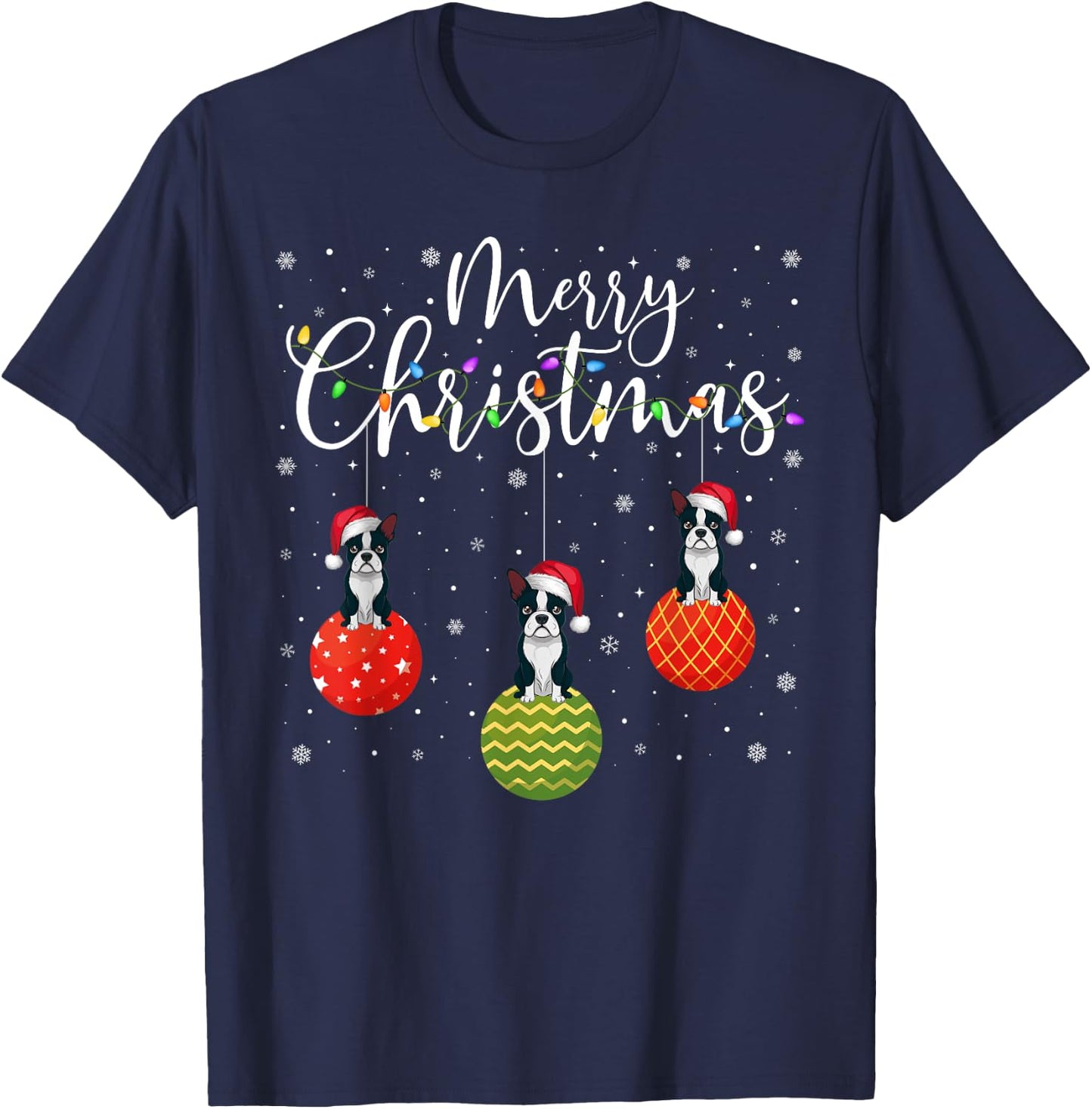 Merry Christmas Lights Santa Hat Boston Terrier Ugly Xmas T-Shirt - T-Shirt | Navy