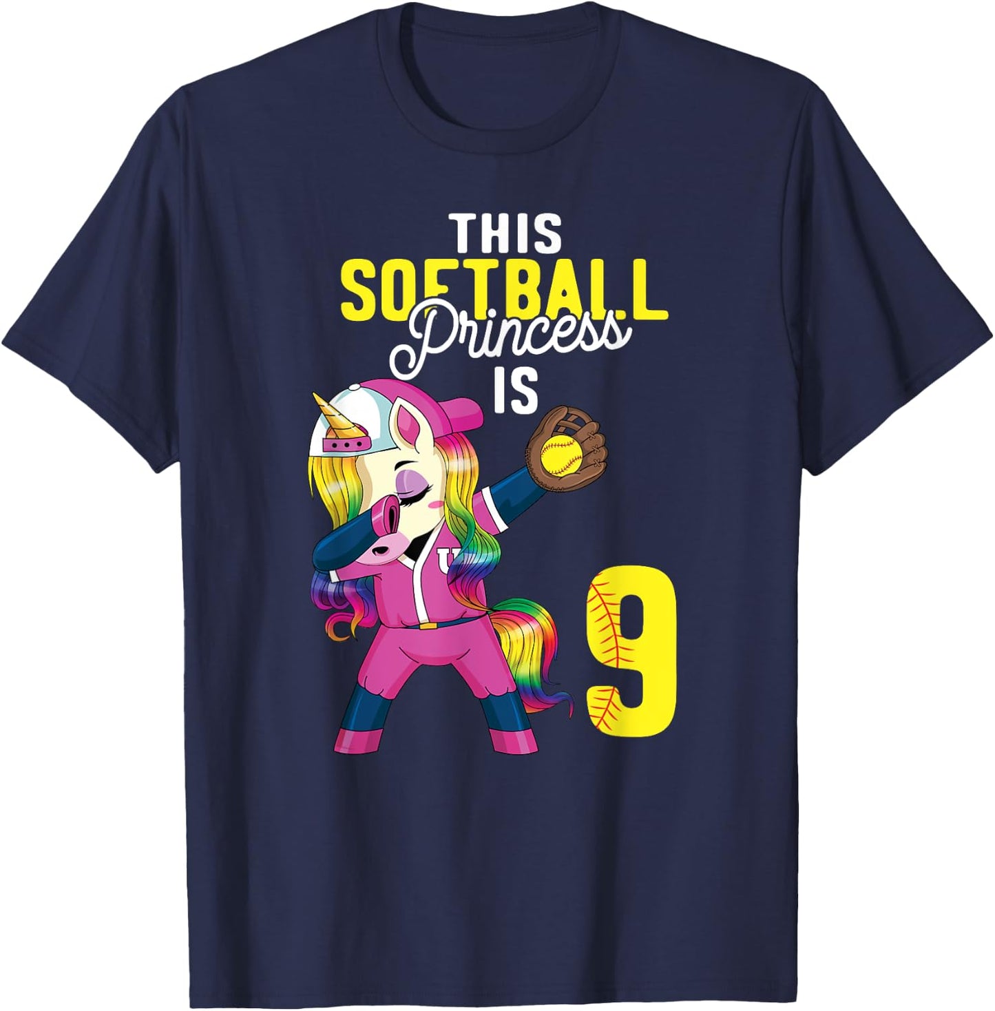 This Softball Princess is 9th Birthday Unicorn Dabbing Gift T-Shirt - T-Shirt | Navy