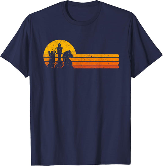 Vintage Chess Player Retro Sunset Design Chess Pieces T-Shirt - T-Shirt | Navy