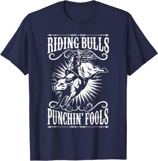Riding Bulls Punching Fool Cowboy Western T-Shirt - T-Shirt | Navy