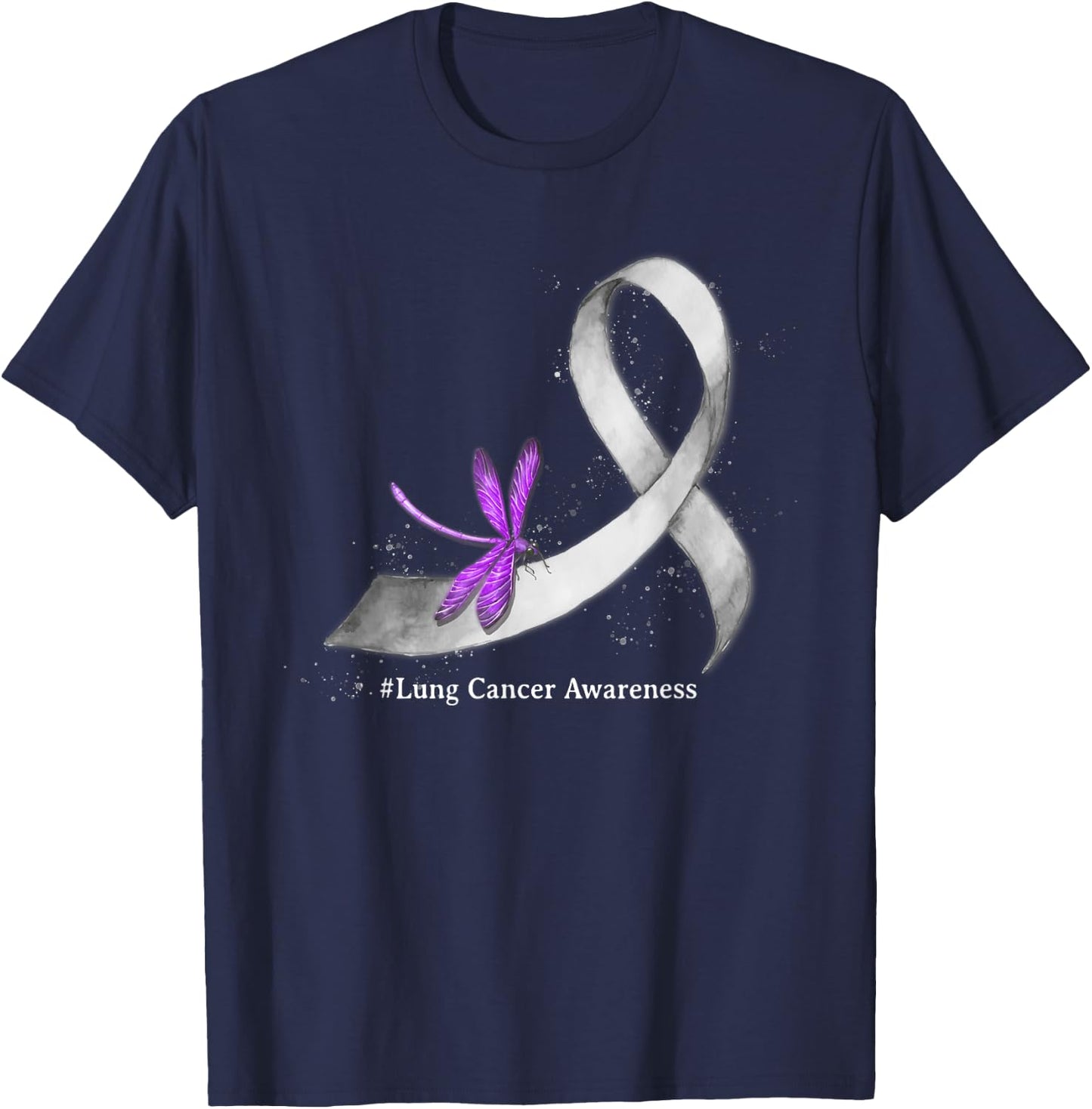 Hippie Dragonfly White Ribbon Lung Cancer Awareness Gifts T-Shirt - T-Shirt | Navy