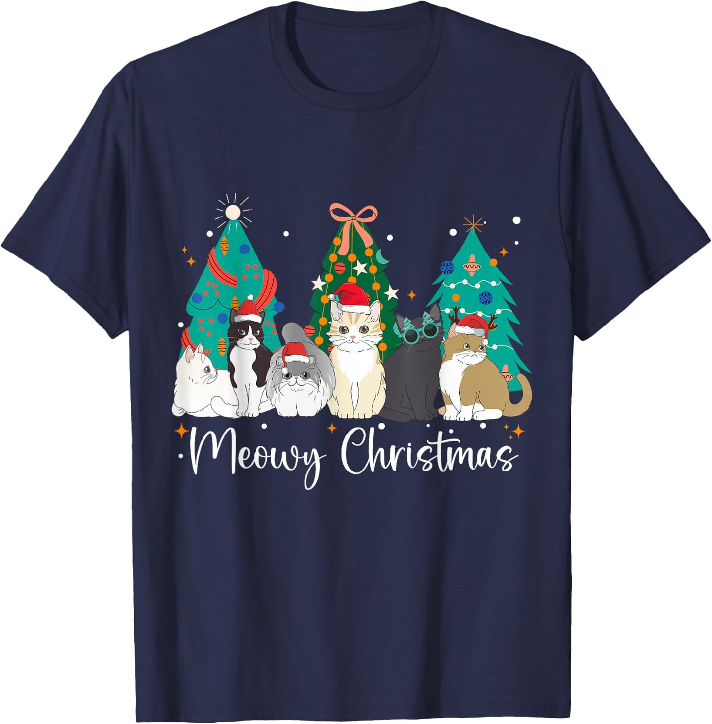 Meowy Christmas Cat Lover Funny Festive Holidays Cats T-Shirt - T-Shirt | Navy