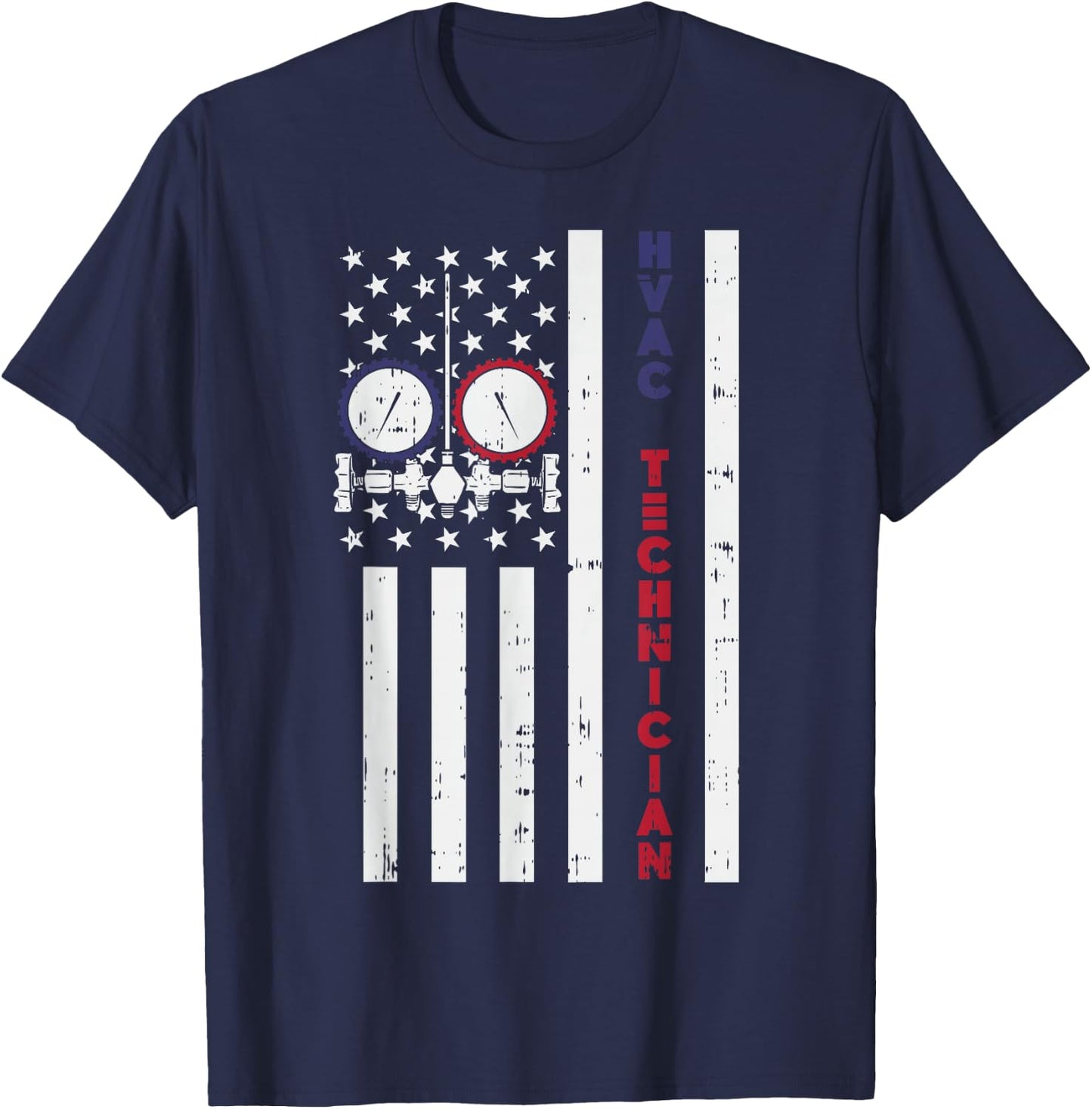 Vintage American Flag HVAC Technician - Proud USA HVAC Tech T-Shirt - T-Shirt | Navy