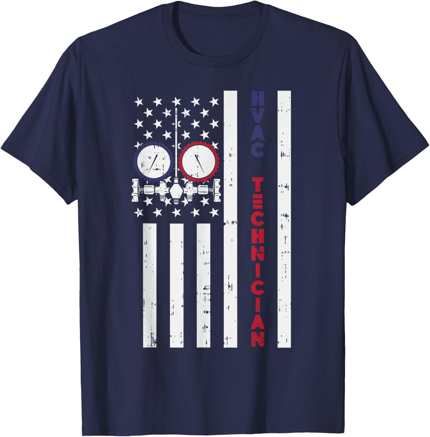 Vintage American Flag HVAC Technician - Proud USA HVAC Tech T-Shirt - T-Shirt | Navy