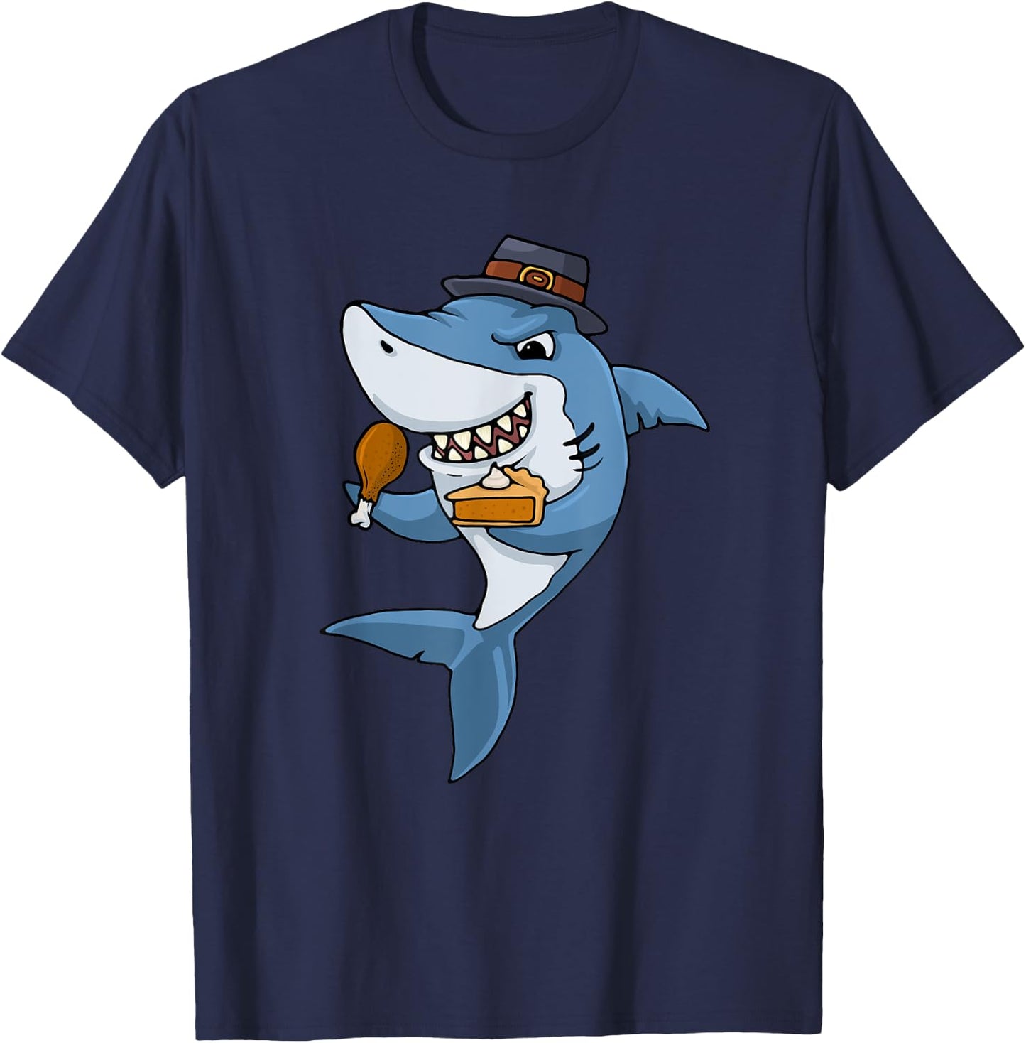 Thanksgiving Shark Spice Eat Turkey Leg Pumpkin Pie T-Shirt - T-Shirt | Navy