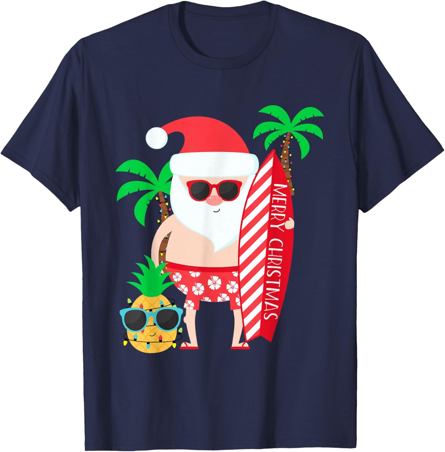 Santa Surfing Hawaiian Beach Christmas in July Tropical T-Shirt - T-Shirt | Navy