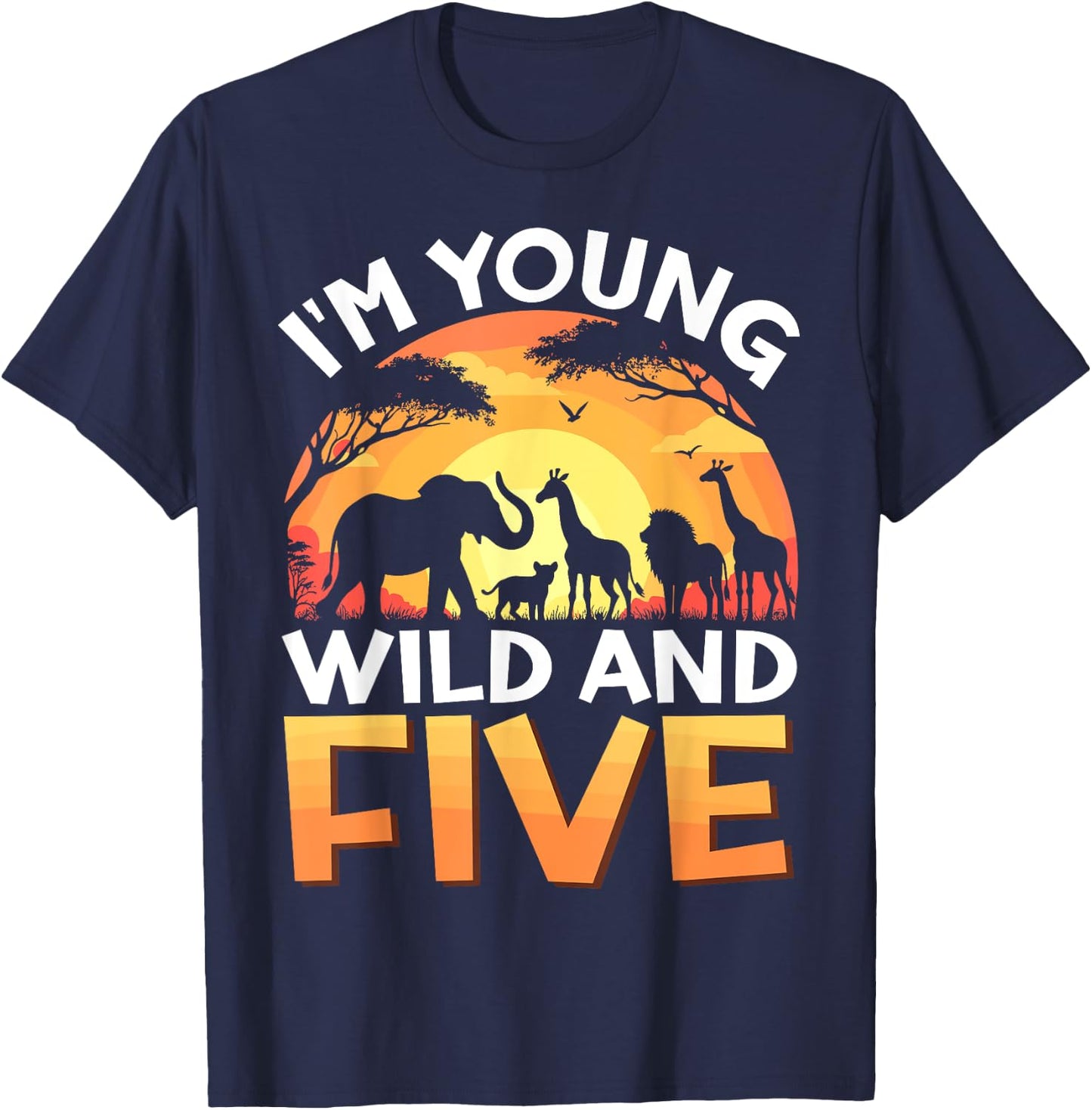 Young Wild and Five Kids 5th Birthday Safari Zoo Animals T-Shirt - T-Shirt | Navy