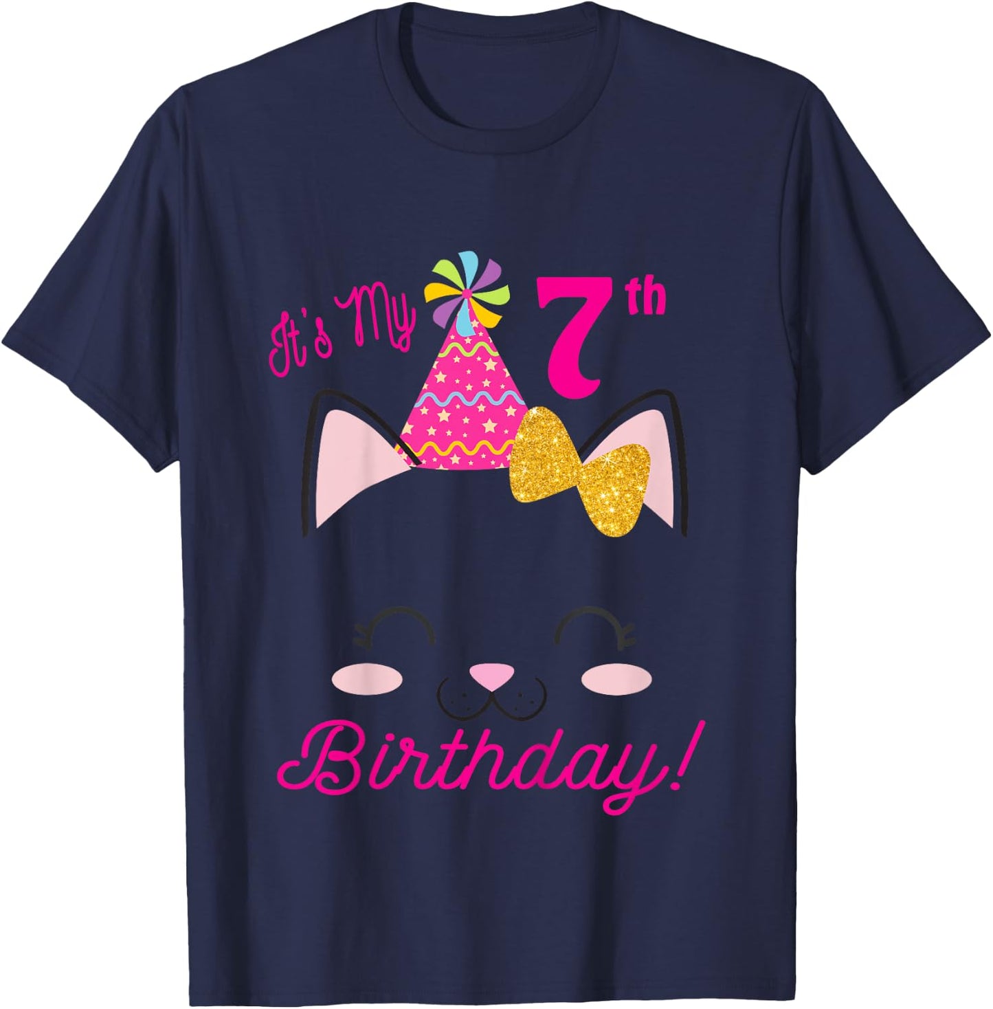 Kids Its My 7th Birthday Shirt Girl Kitty Cat theme Party Outfit T-Shirt - T-Shirt | Navy