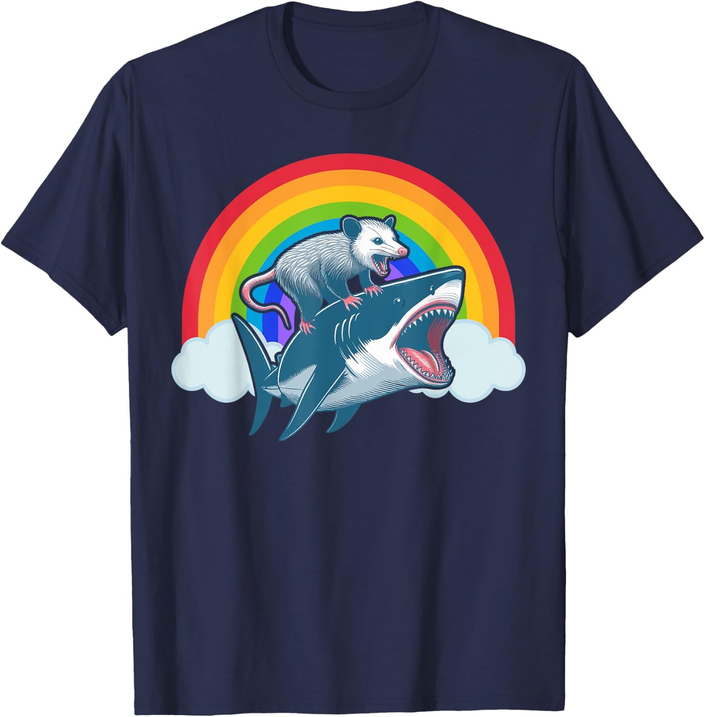 Funny Opossum Riding Shark Rainbow Possum Trash Marsupial T-Shirt - T-Shirt | Navy