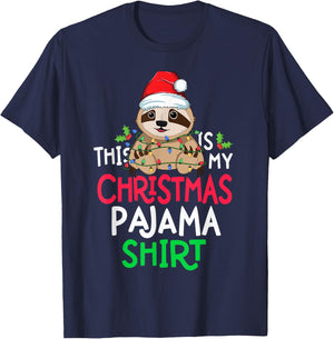 Sloth Tree Lights Funny This Is My Christmas Pyjama Shirt T-Shirt - T-Shirt | Navy