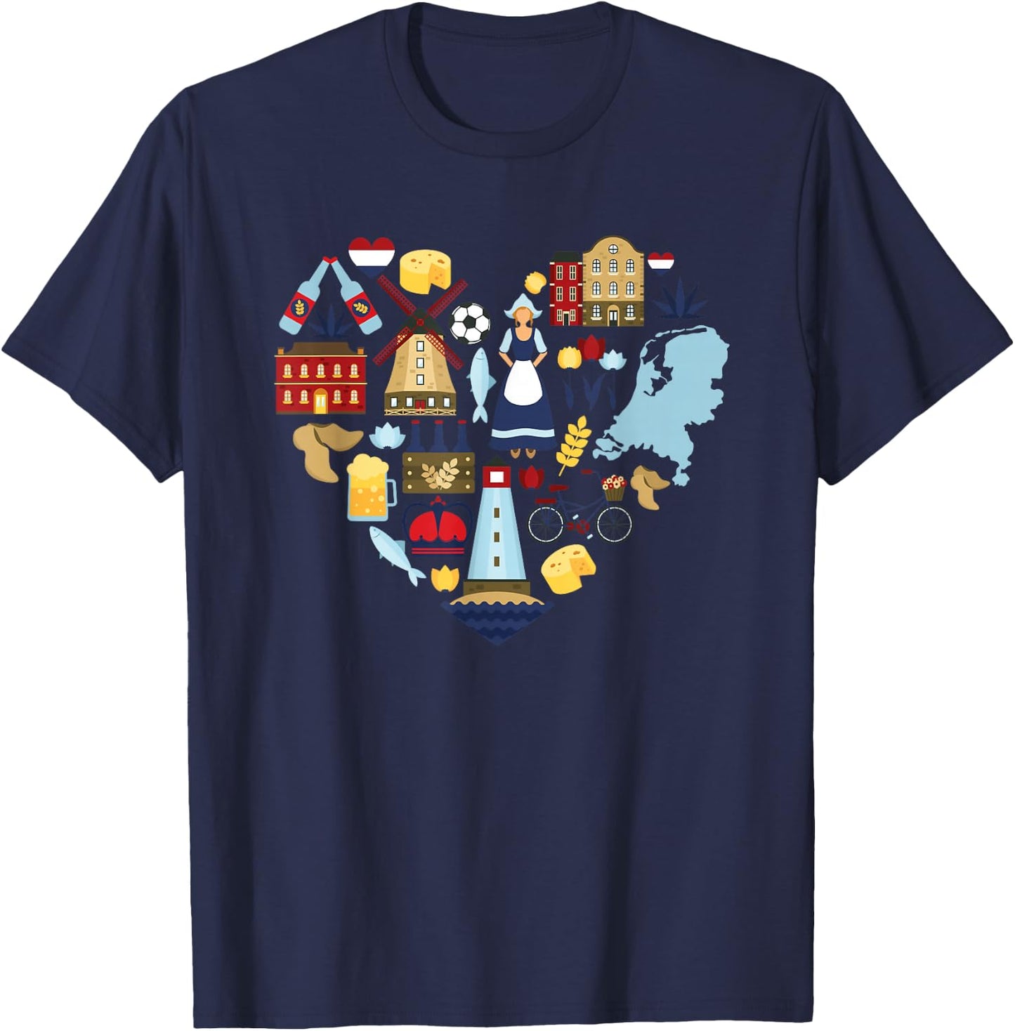 Netherlands Heart Tulips Windmill Canal Dutch Delight T-Shirt - T-Shirt | Navy