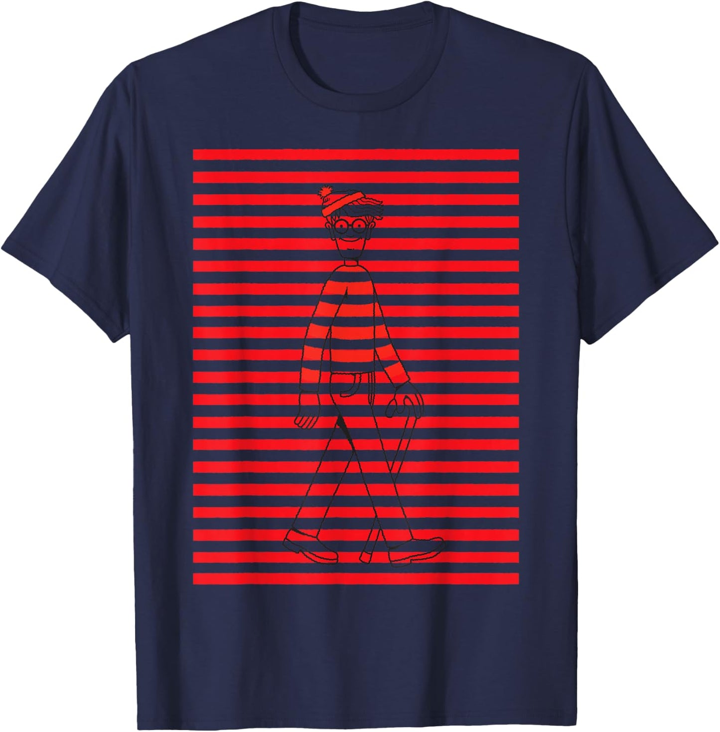 Where's Waldo Red and White Pattern Lines Graphic T-Shirt - T-Shirt | Navy