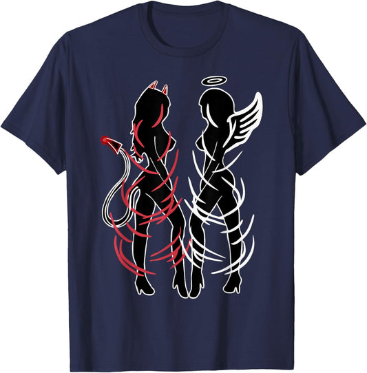 Sexy Women Illustration Duality Symbol Devil And Angel Girls T-Shirt - T-Shirt | Navy