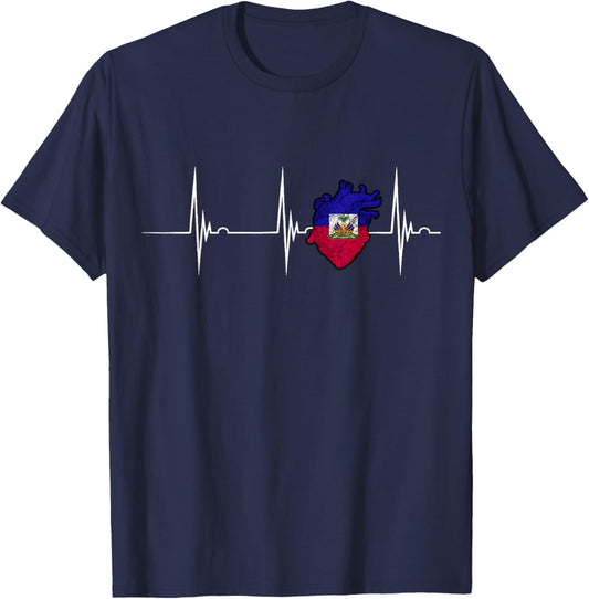Haiti Flag Heart Heartbeat EKG Pulse Haitian Roots T-Shirt - T-Shirt | Navy