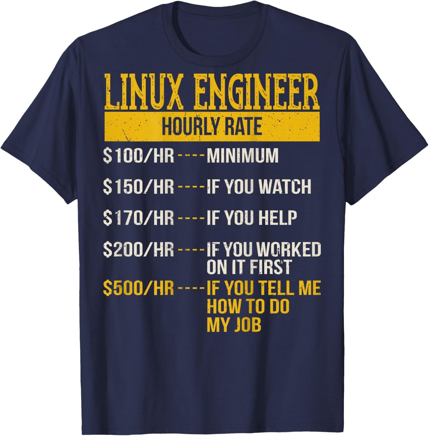 Hourly Rate Shirt for Linux Engineers, Unix Geek Gift T-Shirt - T-Shirt | Navy