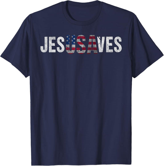 Jesus Saves JesUSAves USA American Flag Patriotic Christian T-Shirt - T-Shirt | Navy