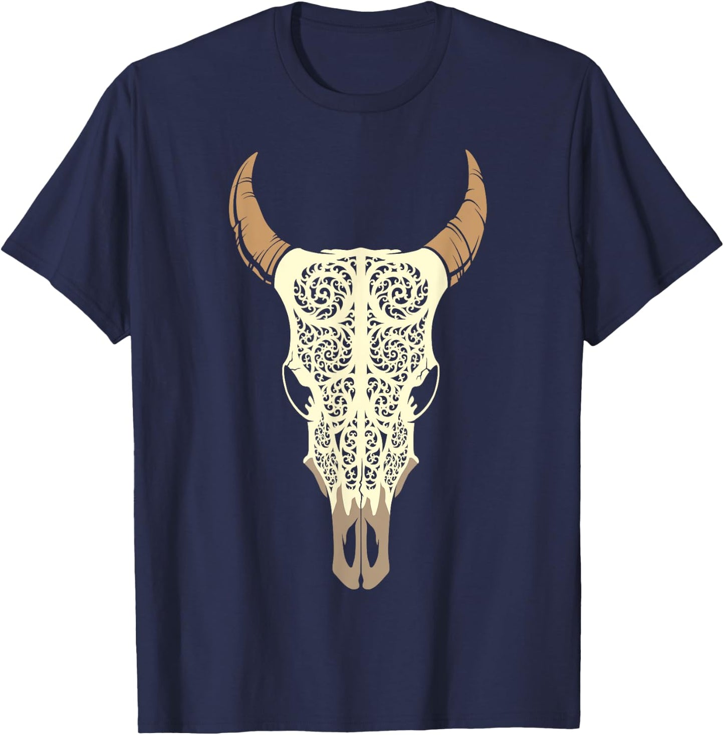 Steer Head Skull Shirt Cow Bull Horn Western Tribal Boho T-Shirt - T-Shirt | Navy