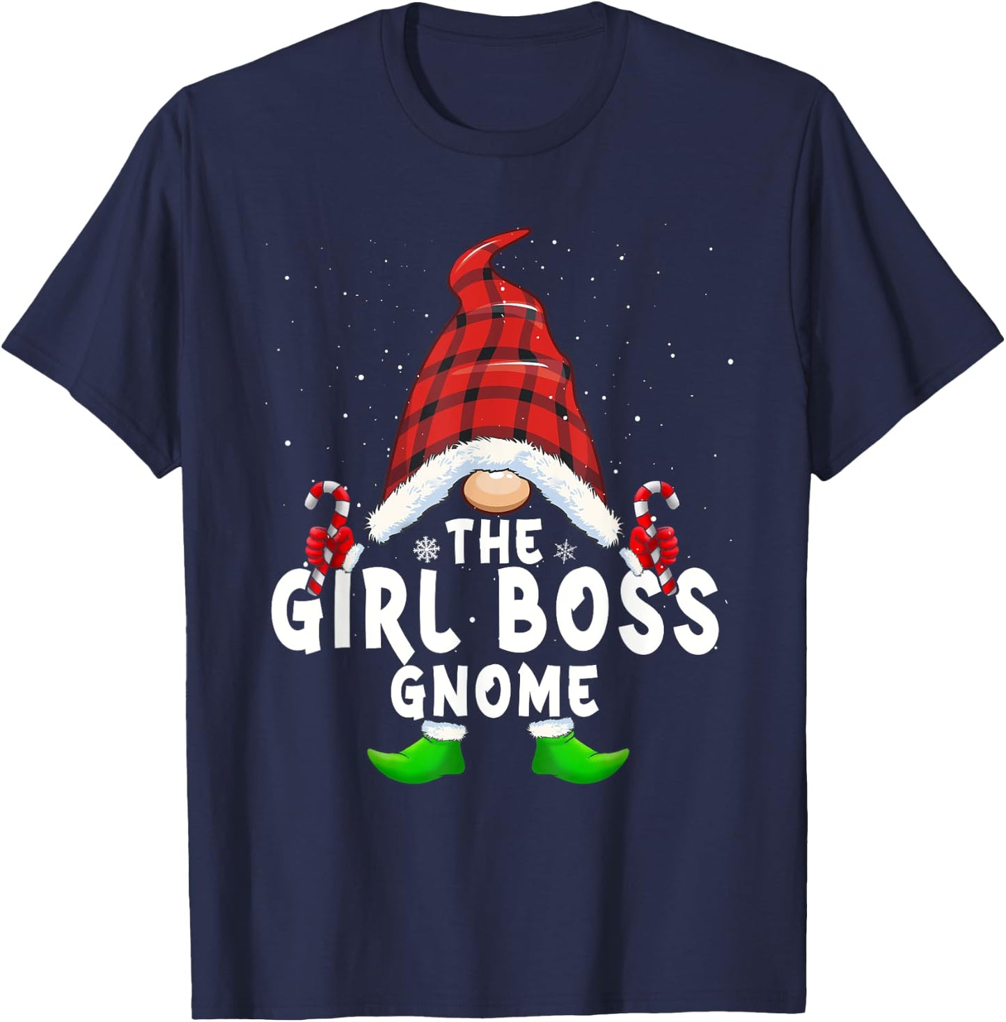 Girl Boss Gnome Buffalo Plaid Matching Family Christmas T-Shirt - T-Shirt | Navy