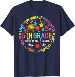 Fifth Grade Dream Team 5th Grade Floral Back to School Girls T-Shirt - T-Shirt | Navy