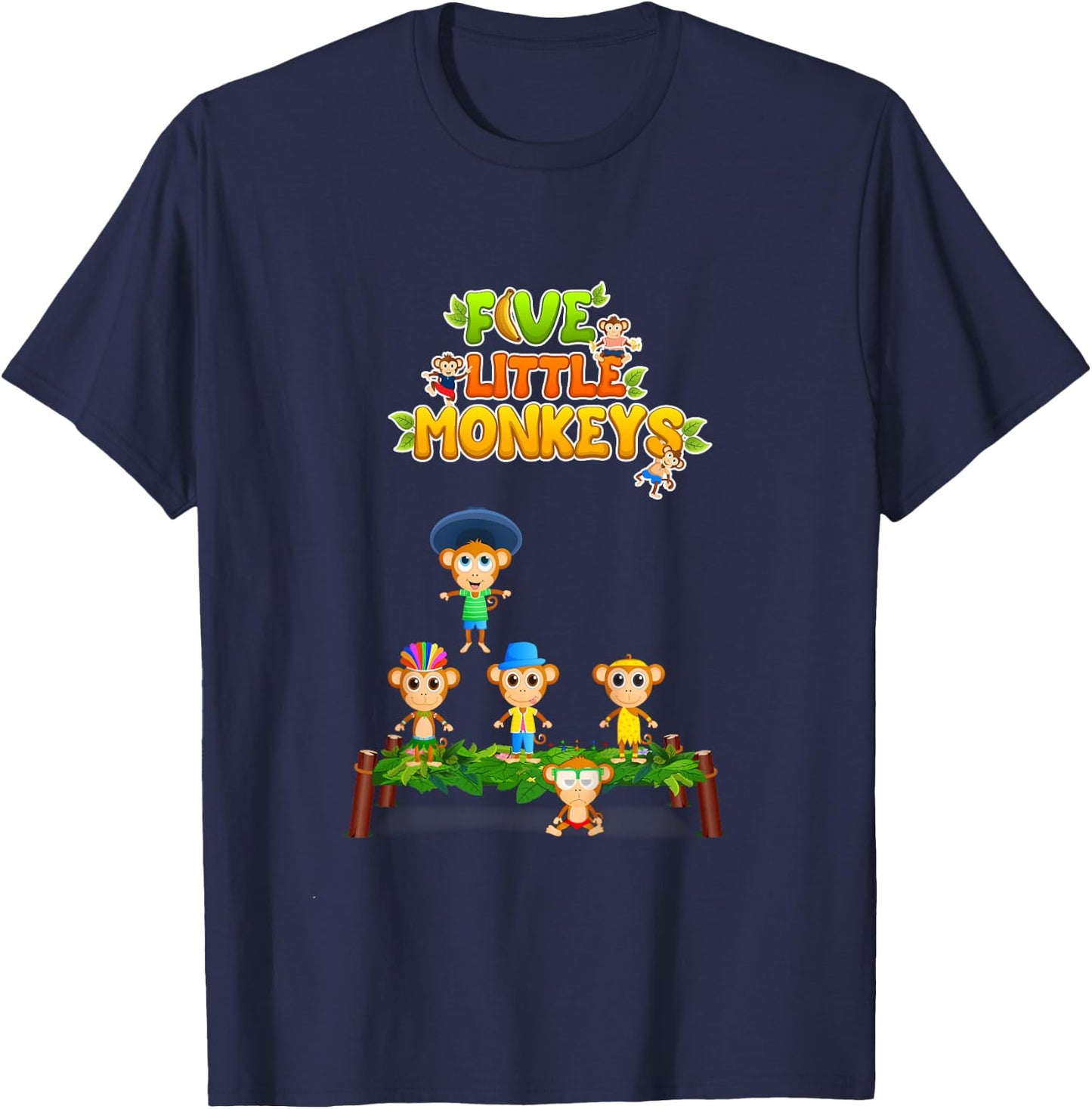 Kids Nursery Rhymes Shirt Five Little Monkeys Jumping On The Bed T-Shirt - T-Shirt | Navy