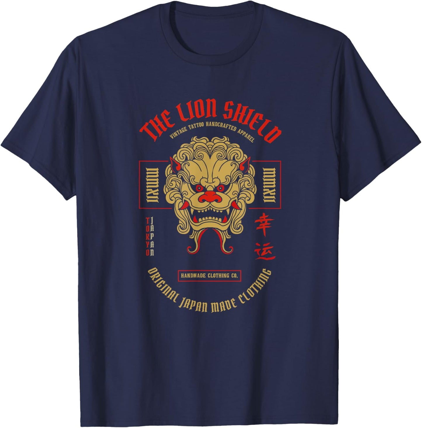 Traditional Japanese Shi Shi Lion Mask Asian Kanji Symbols T-Shirt - T-Shirt | Navy