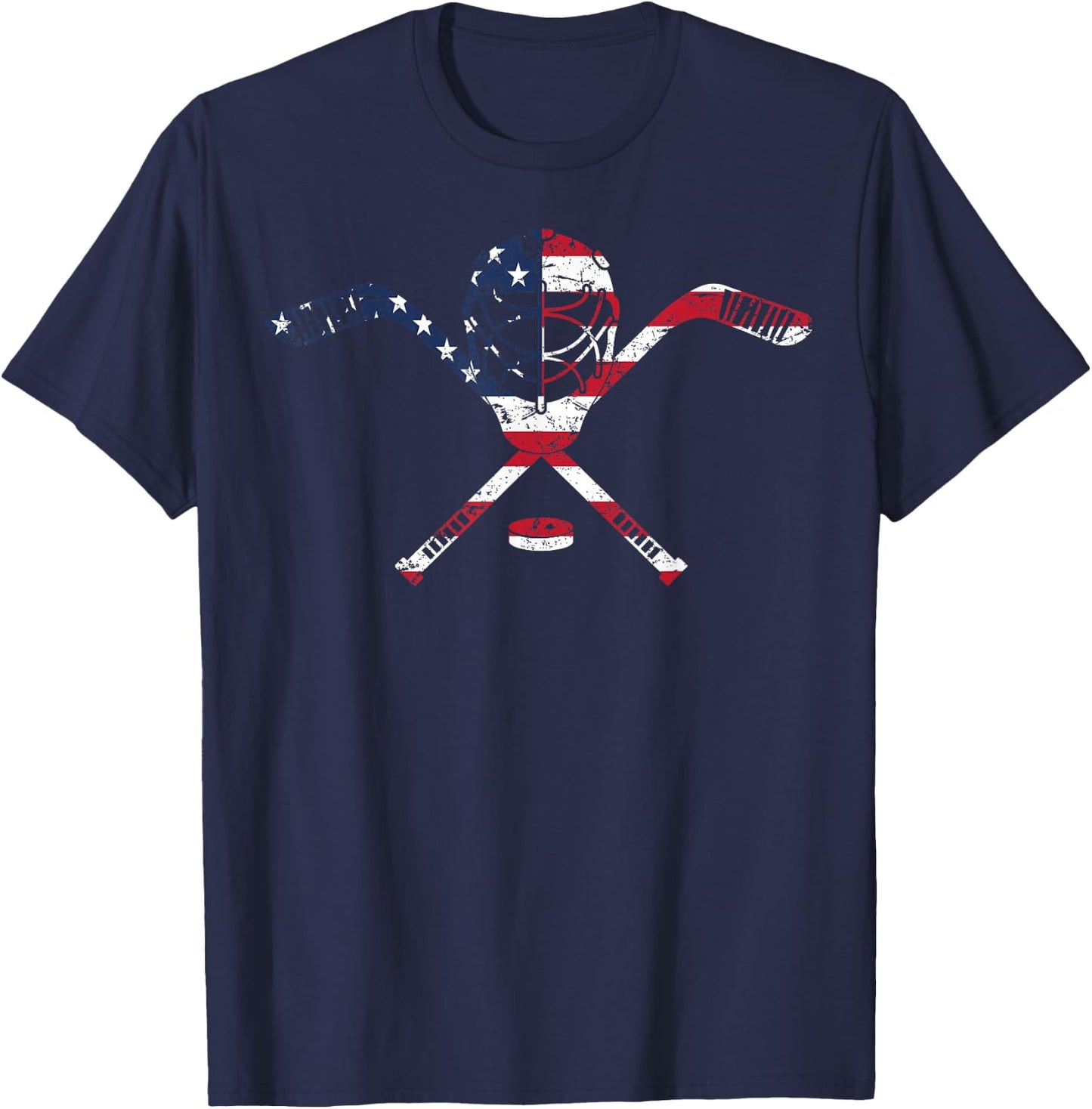 USA American Flag Ice Hockey Goalie Mask Stick Patriotic T-Shirt - T-Shirt | Navy