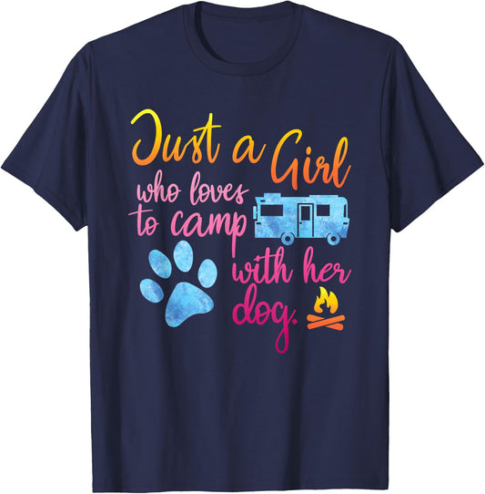 Just A Girl Who Loves To Camp With Her Dog Cute Camping T-Shirt - T-Shirt | Navy