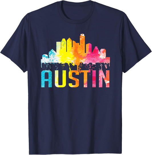 Austin Texas Watercolor Skyline Home State Souvenir Gift T-Shirt - T-Shirt | Navy