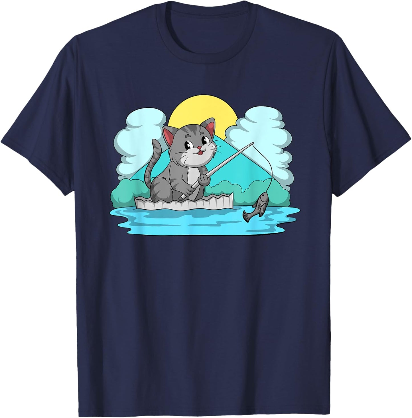 Funny Kitten Cute Kawaii Neko Cat Fishing Men Women Kids T-Shirt - T-Shirt | Navy