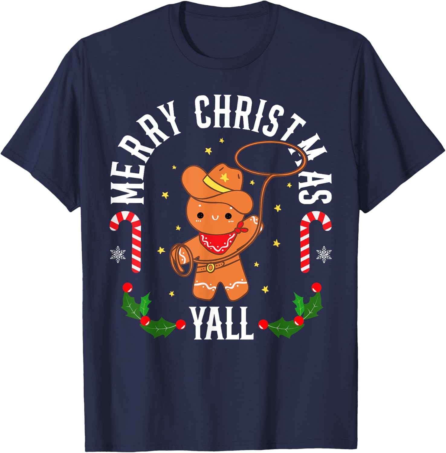 Merry Christmas Yall Gingerbread Cowboy Man Howdy Retro Xmas T-Shirt - T-Shirt | Navy