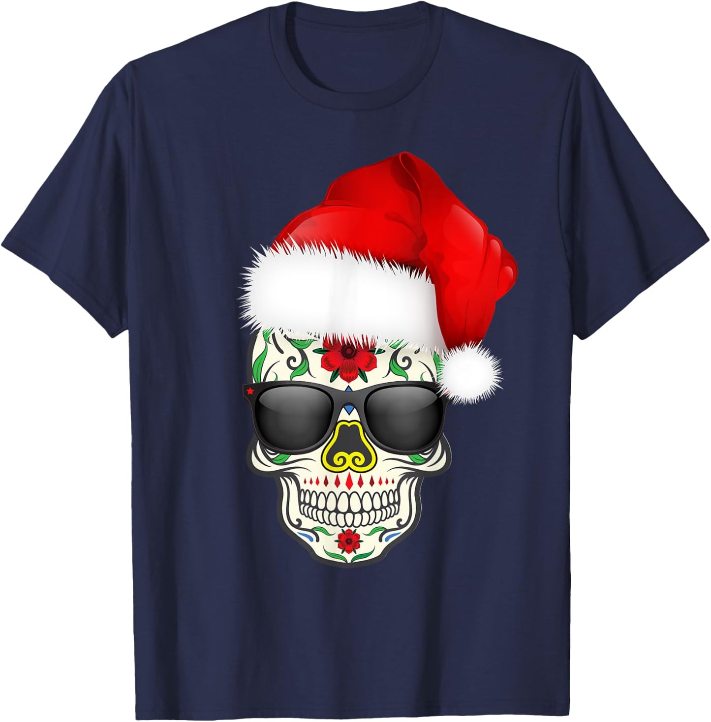 Christmas Hat Santa Day Of The Dead Sugar Skull Party Shirt T-Shirt - T-Shirt | Navy