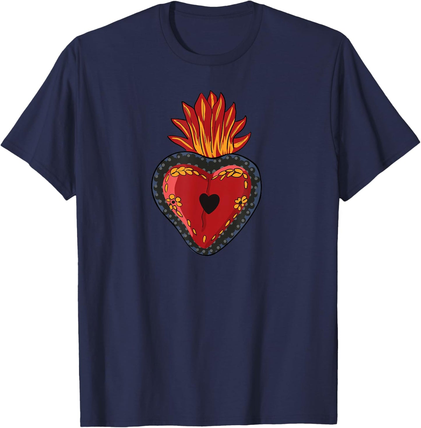 Flaming Sacred Heart Mexican Folk Art Devotion Symbol T-Shirt - T-Shirt | Navy