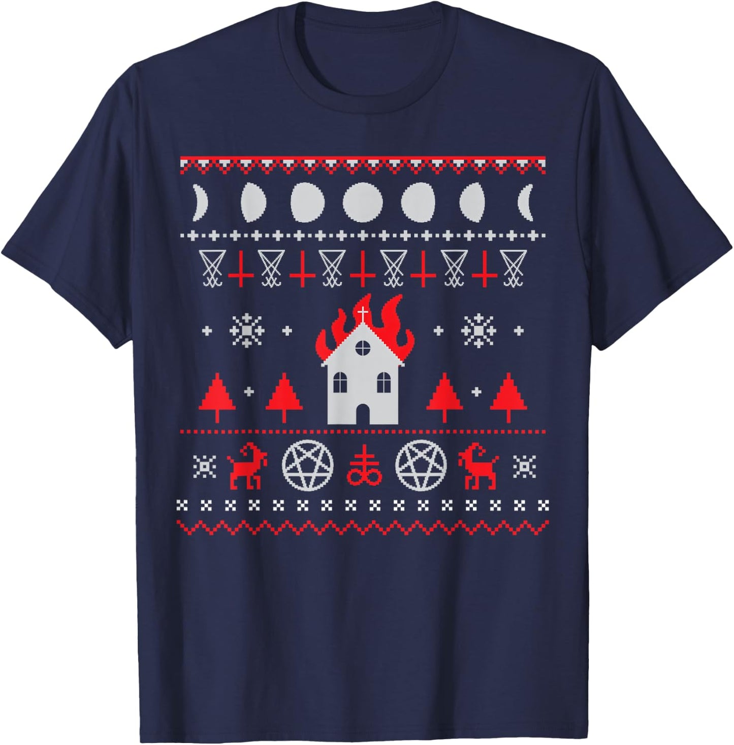 The Eldest Cult | Ugly Anti Christmas Sweater Gift - Burning Church Satanic Lucifer Pentagram Upside Down Cross T-Shirt - T-Shirt | Navy