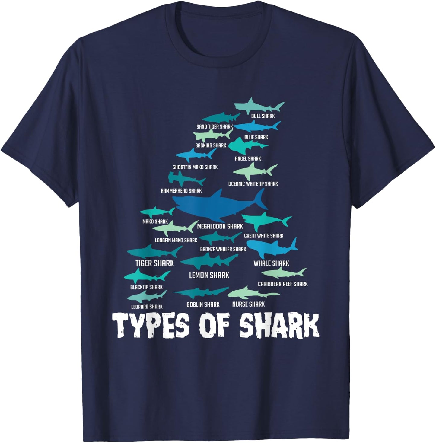 Types of Shark Megalodon Great White Nurse Shark T-Shirt - T-Shirt | Navy