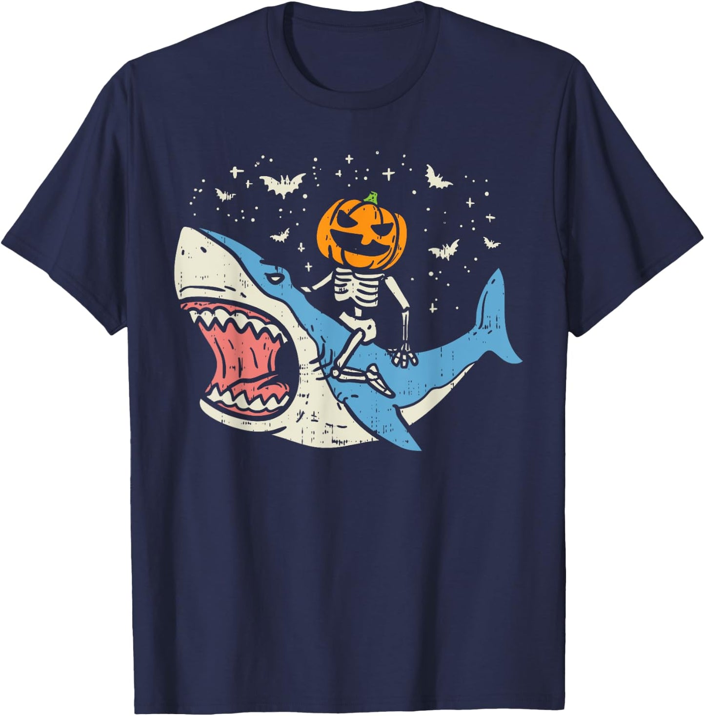 Pumpkin Skeleton Riding Shark Bats Halloween Costume Kids T-Shirt - T-Shirt | Navy