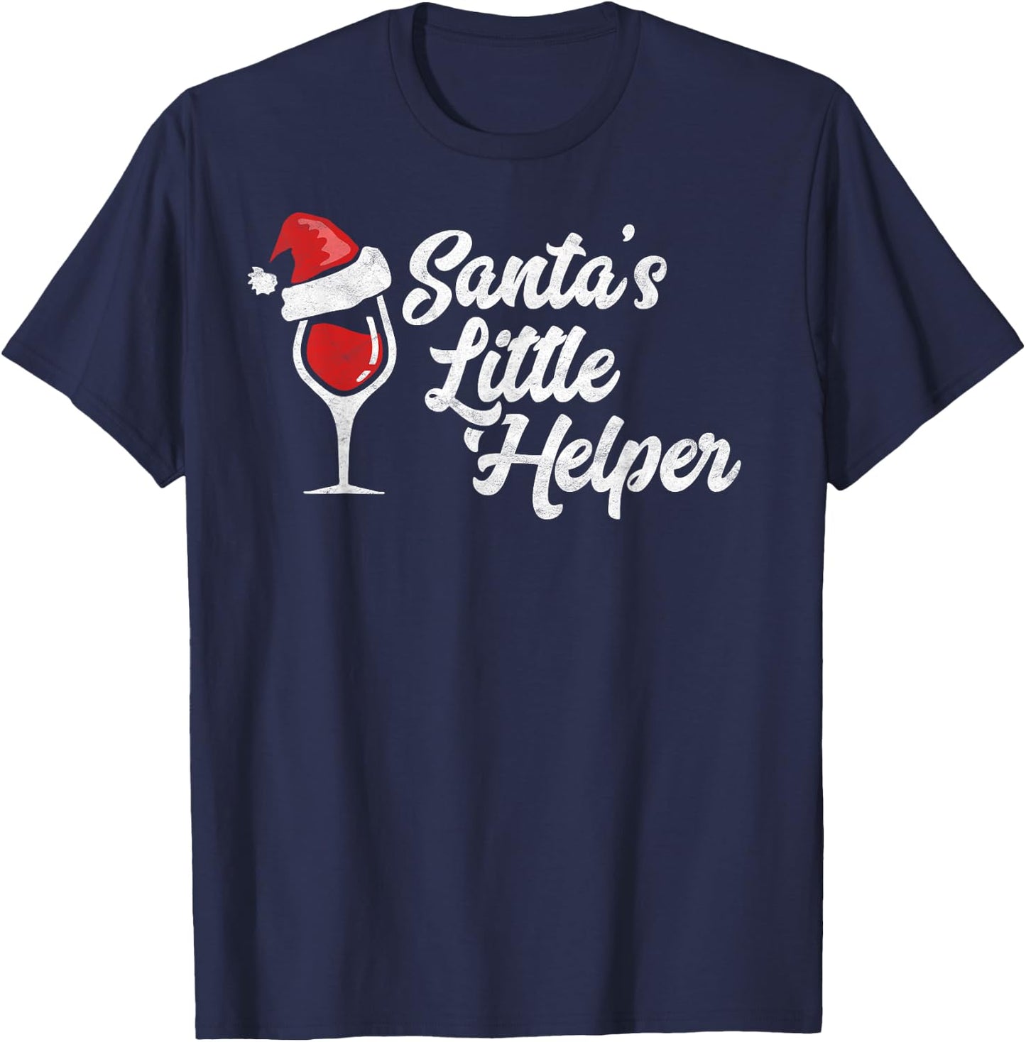 Santa's Little Helper Christmas Wine Glass & Santa Hat Shirt T-Shirt - T-Shirt | Navy