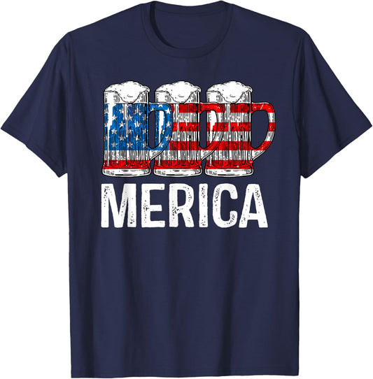 Merica Beer American Flag T shirt 4th of July Shirt Gift Men T-Shirt - T-Shirt | Navy