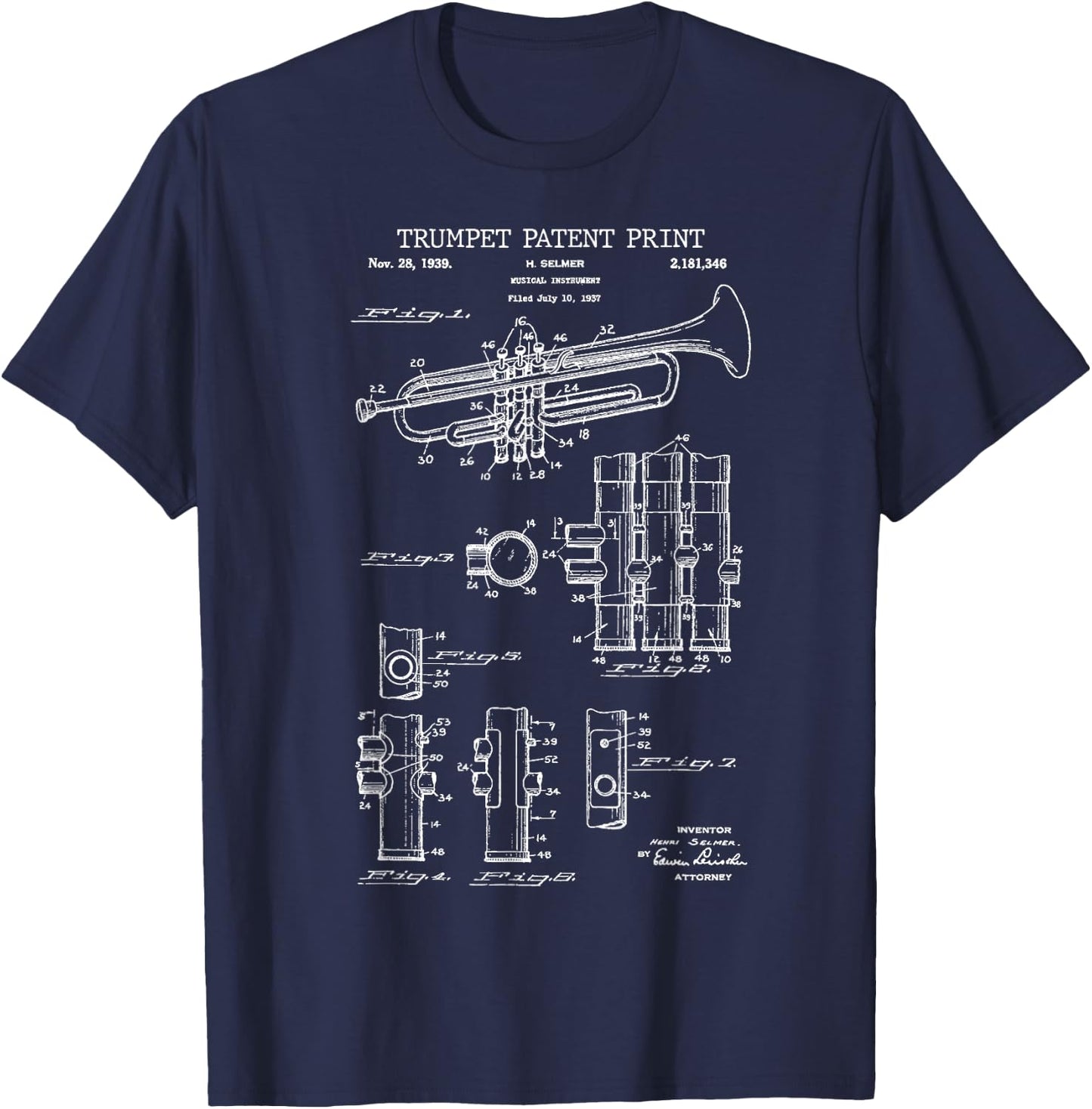 Trumpet Patent Print 1939 - Vintage Patent Music T-Shirt - T-Shirt | Navy